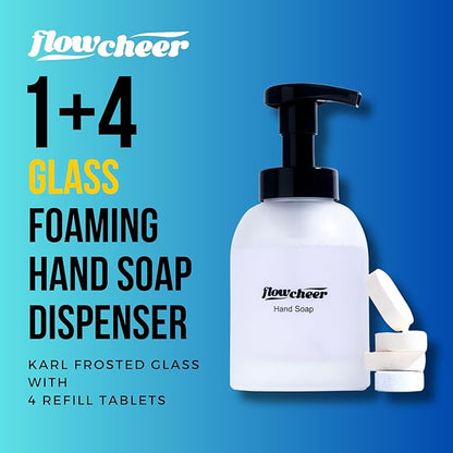 Foaming Hand Soap Refill Tablets - Glass Foaming Soap Dispenser Combo - Crystal Clear Real Glass Bottle 11 oz - 4 Refill Tablet Included Start Kit - Soap Pump for Bathroom Kitchen Countertop