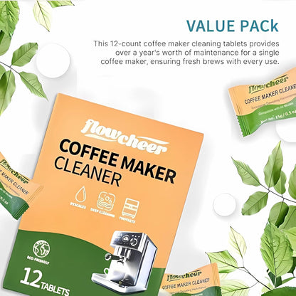 Flowcheer Coffee Machine Cleaner Descaler Tablets - 12 Count, Coffee Maker Pot Descaling & Cleaning Tabs for Breville Keurig, Gaggia, Nespresso, Delonghi, Jura, Ninja, Coffee Espresso Machines